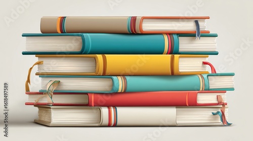Stack of six colorful hardcover books with ribbons, on a neutral background
