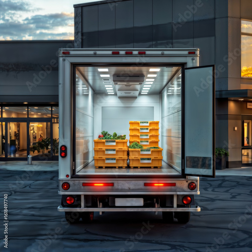 Refrigerated truck delivery. The open back of a refrigerated truck with crates of fresh produce ready for delivery to a business.