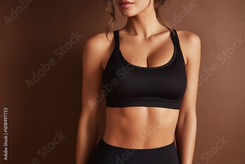 Woman in black athletic attire poses in front of brown background highlighting fitness and style