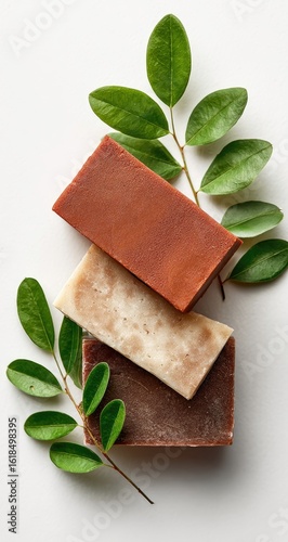 Wallpaper Mural Three artisan soap bars, terracotta, beige, and dark brown, stacked atop each other, adorned with vibrant green leaves on a stark white background Torontodigital.ca