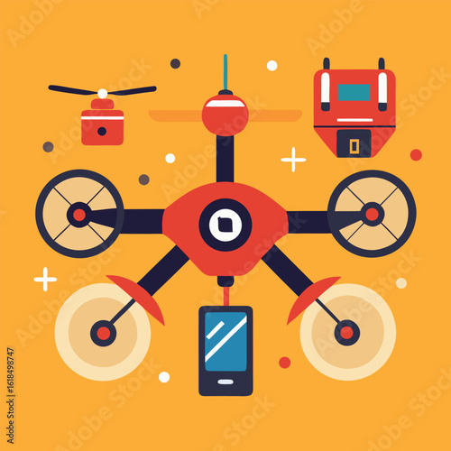 Flat multicolored drone design hovers with a smartphone and controller on an orange background