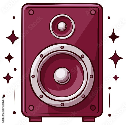 Stylish illustration of a burgundy colored stereo loudspeaker with decorative sparkles
