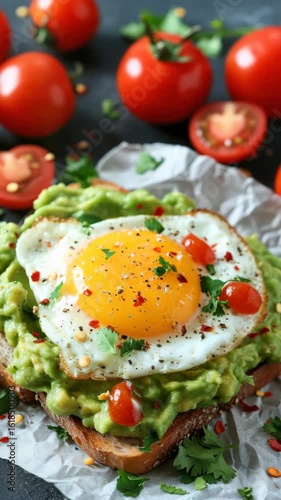 Savory breakfast toast with mashed avocado and a fried egg, seasoned with pepper and chili flakes, garnished with cherry tomatoes and herbs. Vertical video.