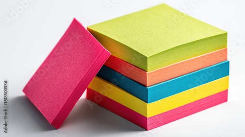 Stack of colorful, square sticky notes with a leaning pack on white background