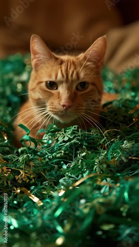 Ginger cat peeking from festive green and gold shredded paper, lucky clover theme, cozy celebration atmosphere. Vertical video.