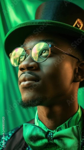 A man in a green hat and glasses with a green bow tie, looking up with a bright green background, celebrating Irish holiday spirit. Vertical video.