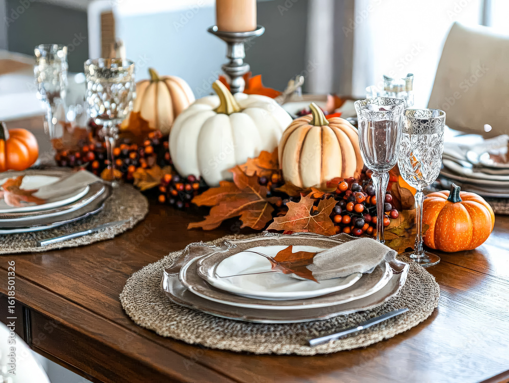 Naklejka premium Elegant autumn dining table features decorative pumpkins, vibrant leaves, and sparkling crystal glassware, creating a warm and inviting atmosphere for seasonal gatherings and celebrations