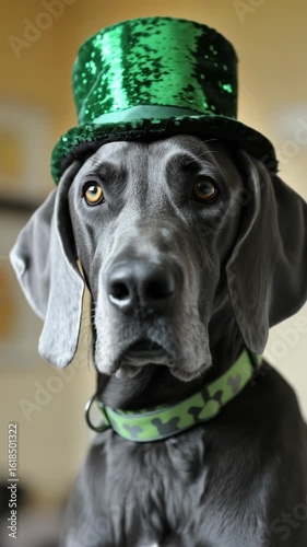 A grey dog wearing a shiny green hat and collar looks ahead. Festive canine celebration indoors. Vertical video.
