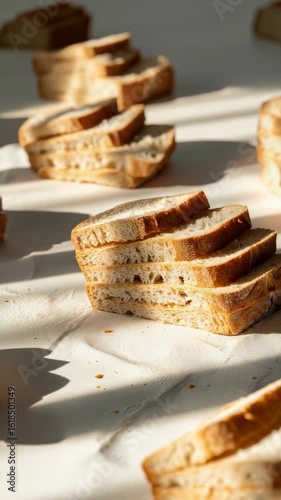 Freshly sliced bread arranged in stacks on a textured surface bathed in warm sunlight creating a simple morning meal scene. Vertical video.