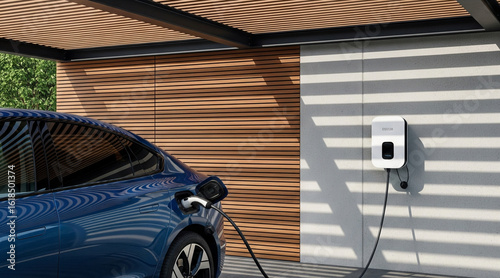 Electric car charging at a home wallbox station. Sustainable lifestyle with a modern residential EV charger in a garage.