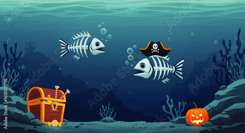Cartoon pirate fish skeletons in a spooky underwater Halloween scene with candy treasure and a jack-o-lantern.