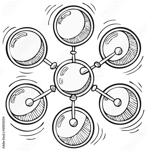 Abstract circular structure with radiating elements and connecting rods in a sketchy hand-drawn style