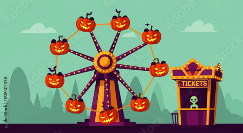 Spooky Halloween carnival ride with a purple Ferris wheel jack-o-lantern cabins and a skeleton ticket seller.