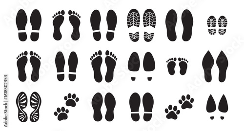 Human bare walk footprints shoes and shoe sole Kids feet vector set. footsteps icon or sign for print, trail Walking footstep and footprint follow route sale