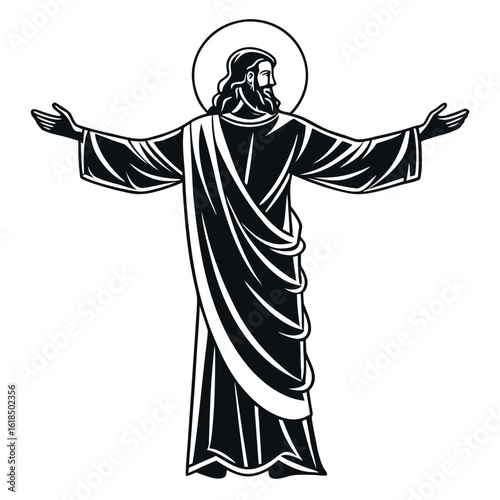 Black and white depiction shows bearded Jesus standing with open arms against a transparent background