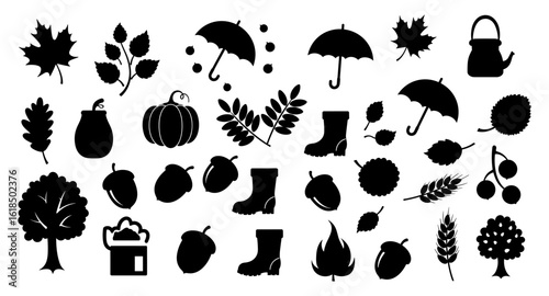 Autumn silhouettes collection: leaves, umbrellas, boots, and seasonal icons