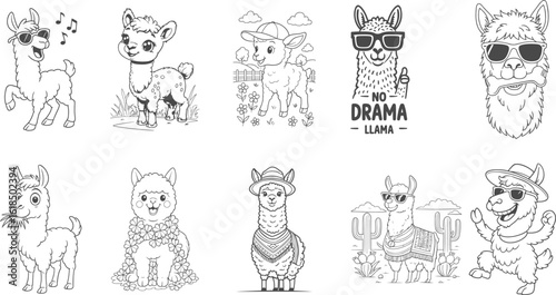 Set of cute llama alpaca cartoon characters coloring page outline vector collection