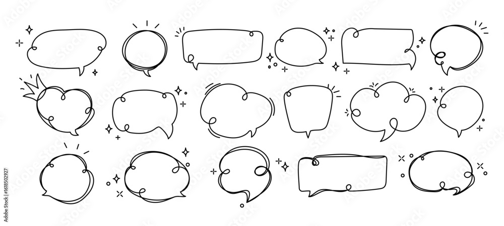 Fototapeta premium Doodle Style Speech and Thought Bubble Icons. Speech bubbles doodle style with sketchy lines and decorative elements, for social media graphics, stickers, presentations. Vector illustration