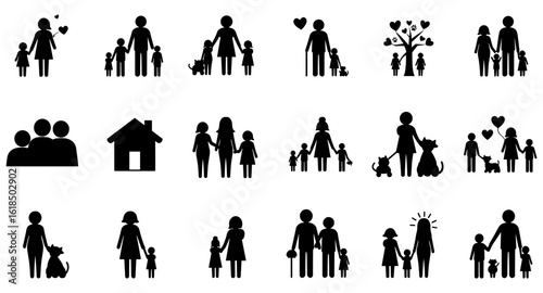 Heartwarming family silhouettes with pets and love elements