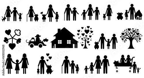 Family silhouette set with hearts and trees for community and love themes