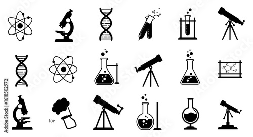 Science and laboratory icons set featuring microscopes, telescopes, and dna in silhouette style