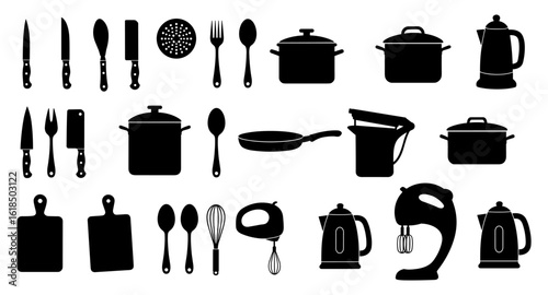 Kitchenware silhouette set featuring knives, pots, and appliances