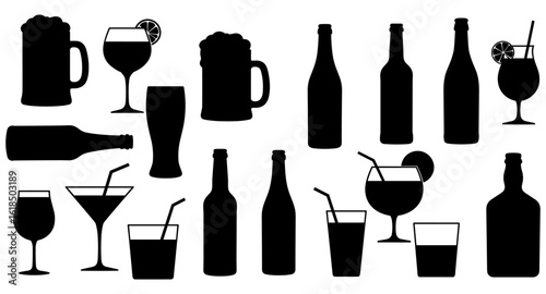 Silhouette beverage icons: cocktail, beer, and wine glass collection
