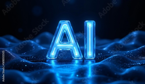 Glowing 'AI' letters on a futuristic blue wave background
