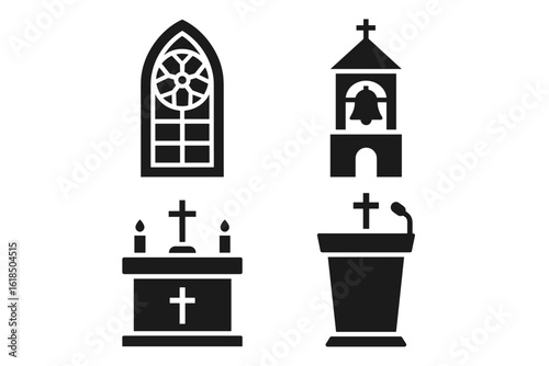 Church Icon Elements Set | Cross, Bible, Cathedral, Prayer, Candle, Religion Symbols