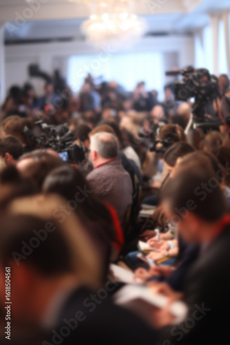 Blurred background image of a crowded press conference room filled with journalists seated and standing, with notepads, cameras, and microphones, all focused on a speaker. News event concept.