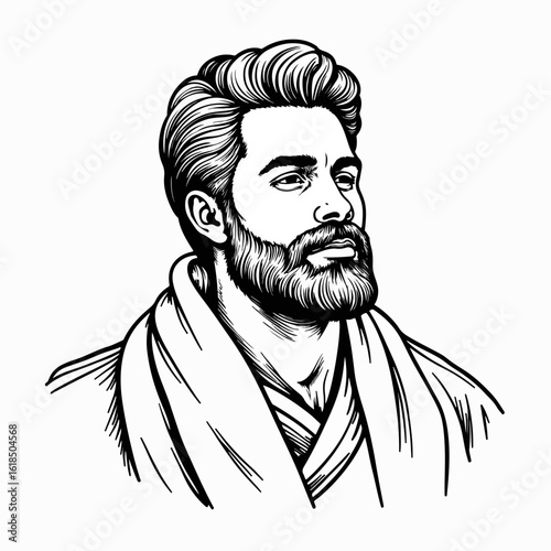Handsome man with beard and stylish hair wearing shawl portrait. Masculine features enhance the image, showcasing a confident demeanor and grooming aesthetics. Ideal for men's fashion, grooming tips,