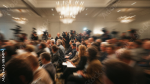 Blurred background image of a crowded press conference room filled with journalists seated and standing, with notepads, cameras, and microphones, all focused on a speaker. News event concept.