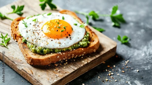 Whole grain toast with mashed avocado and a sunny side up egg sprinkled with herbs on a wooden board