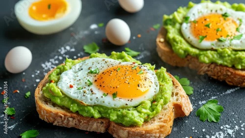 Avocado toast with fried egg and fresh herbs, sprinkled with pepper and salt, served on rustic bread.