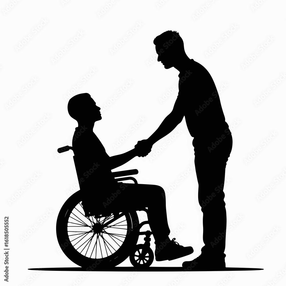 Fototapeta premium Person helping wheelchair user with supportive handshake while sharing a moment of connection. Compassionate interaction showcases support and helpfulness for individuals with disabilities.