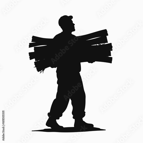 Person carrying firewood silhouette walking with logs on shoulders. Individual in motion with stacked timber during outdoor activity.