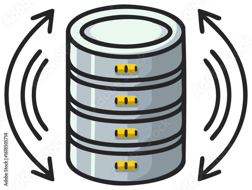 Digital data processing and storage server icon with circulating refresh arrows concept