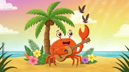 Animated crab plays ukulele on beach near palm tree flowers sunny sky birds