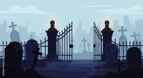 Eerie Cemetery Entrance with Open Gates and Tombstones.