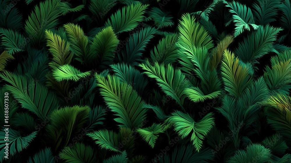 Fototapeta premium Lush Tropical Green Palm Leaves on Black Background for Nature - Inspired Designs