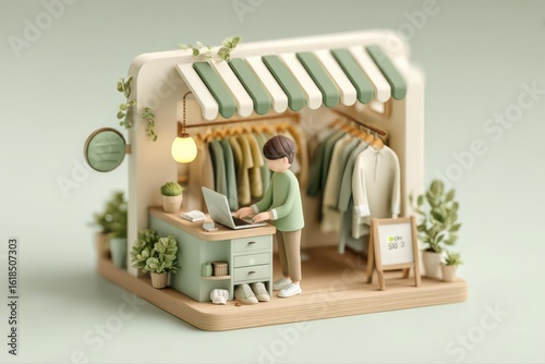 A detailed 3D render of a miniature model of a woman working diligently on a laptop, showcasing a small business owner in action.