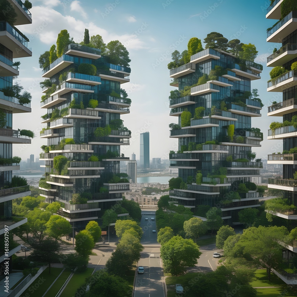 Obraz premium Tall green buildings with layered gardens in a modern cityscape.