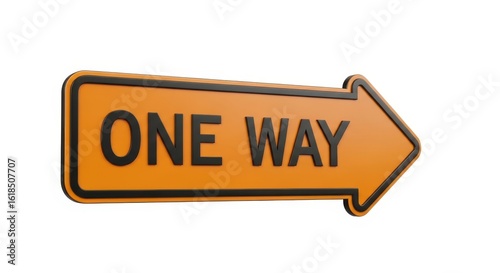 Orange one way street sign with arrow isolated on white background