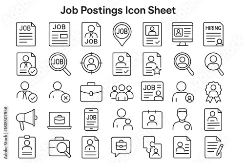 Job Postings Icon Sheet: A collection of detailed job posting icons, perfectly suited for various design projects and websites, capturing essential elements in an clean and modern style.