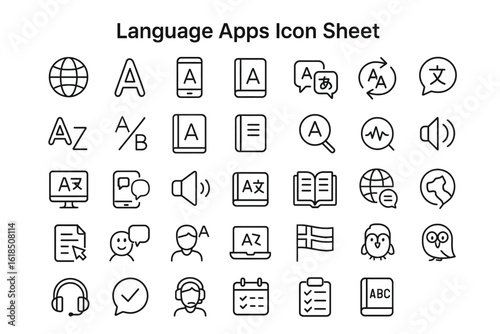 Digital Language Icons: A comprehensive array of digital language icons representing diverse aspects of linguistic communication, set against a plain backdrop for clear visual representation.