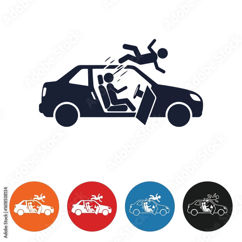 Vector illustration of a car accident showing a person being ejected from the vehicle after a crash
