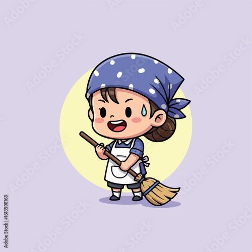 An adorable chibi kids cartoon illustration of a hardworking girl in an apron and bandana, sweating while happily cleaning with a broom.