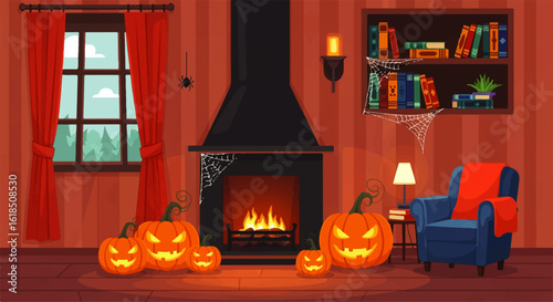 Festive Halloween Pumpkins and Cozy Interior Scene.