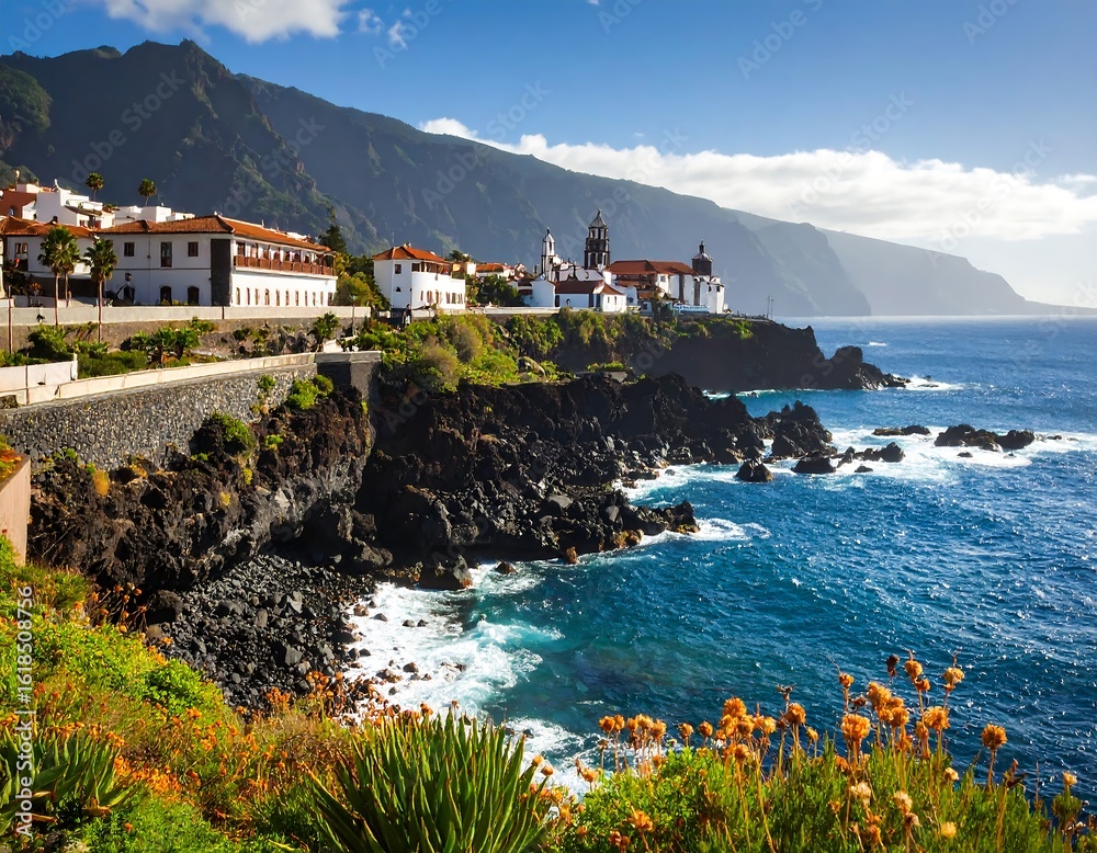 Fototapeta premium Coastal town nestled against volcanic cliffs