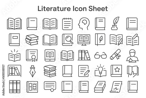 Literary Icons: A comprehensive set of meticulously crafted icons, a visual guide to the world of literature, showcasing the essence of the written word in a clean, easily understandable design.